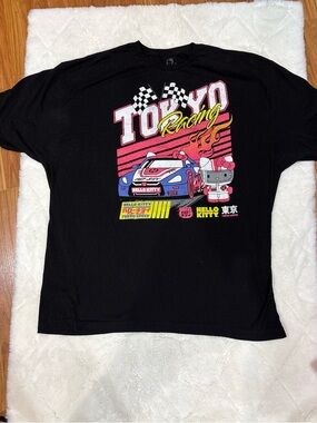 Sanrio Black Tee with Pink, Yellow & Blue Racing Graphic